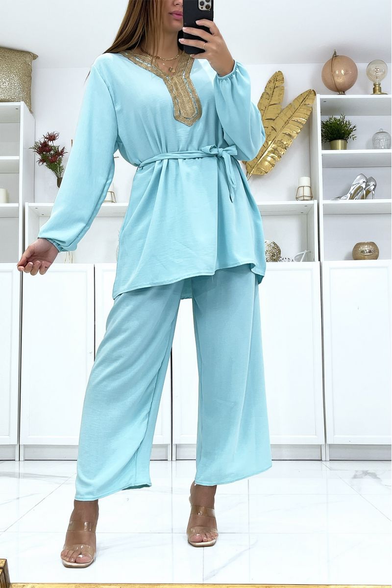 Sea green tunic and palazzo pants set with golden neckline - 1