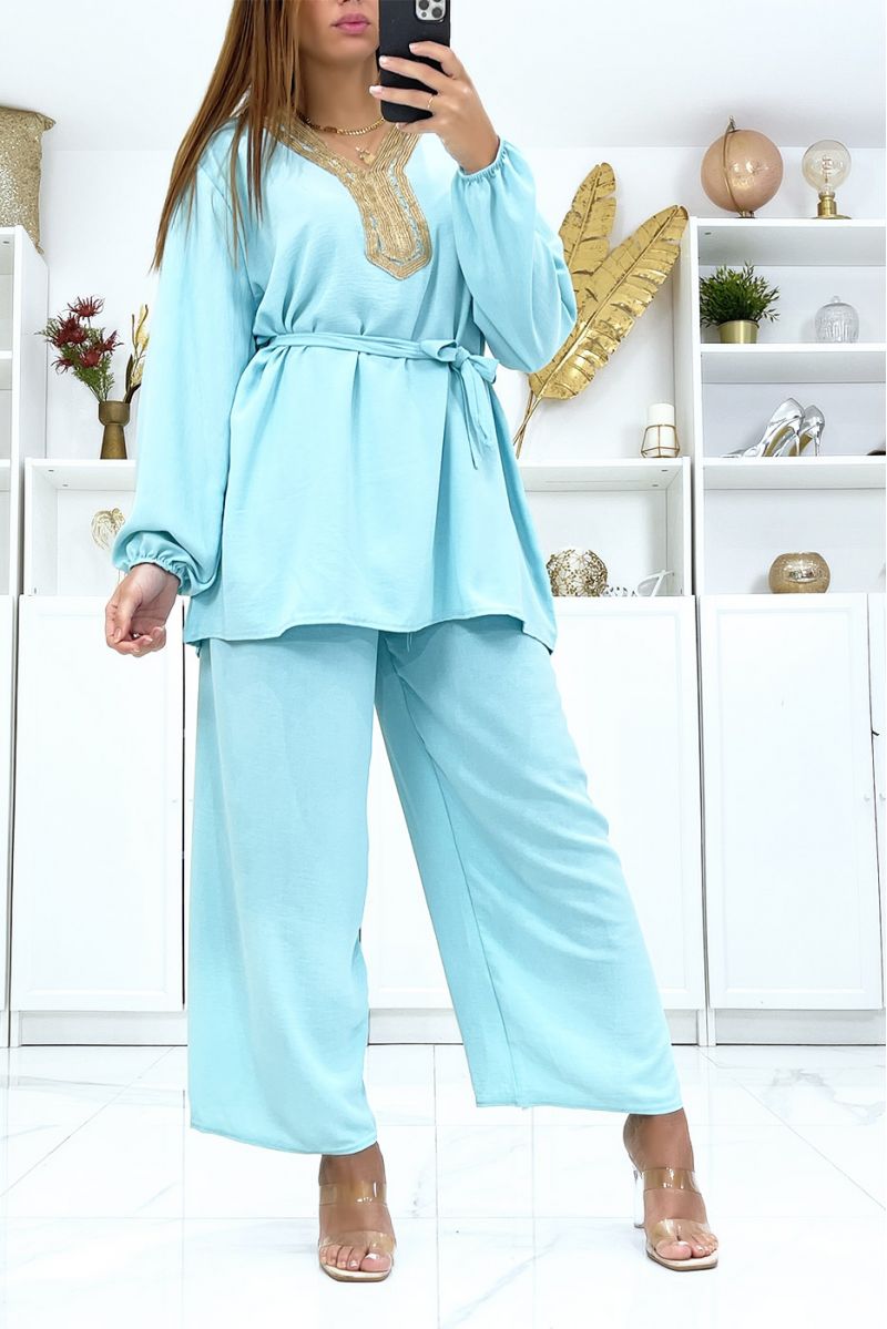 Sea green tunic and palazzo pants set with golden neckline - 2