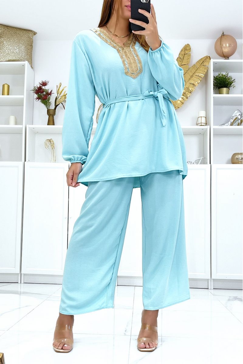 Sea green tunic and palazzo pants set with golden neckline - 3