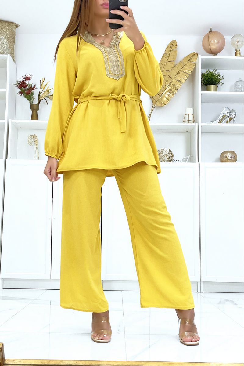 Mustard tunic and palazzo pants set with golden neckline - 1