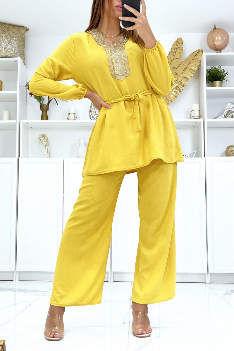 Mustard tunic and palazzo pants set with golden neckline - 2