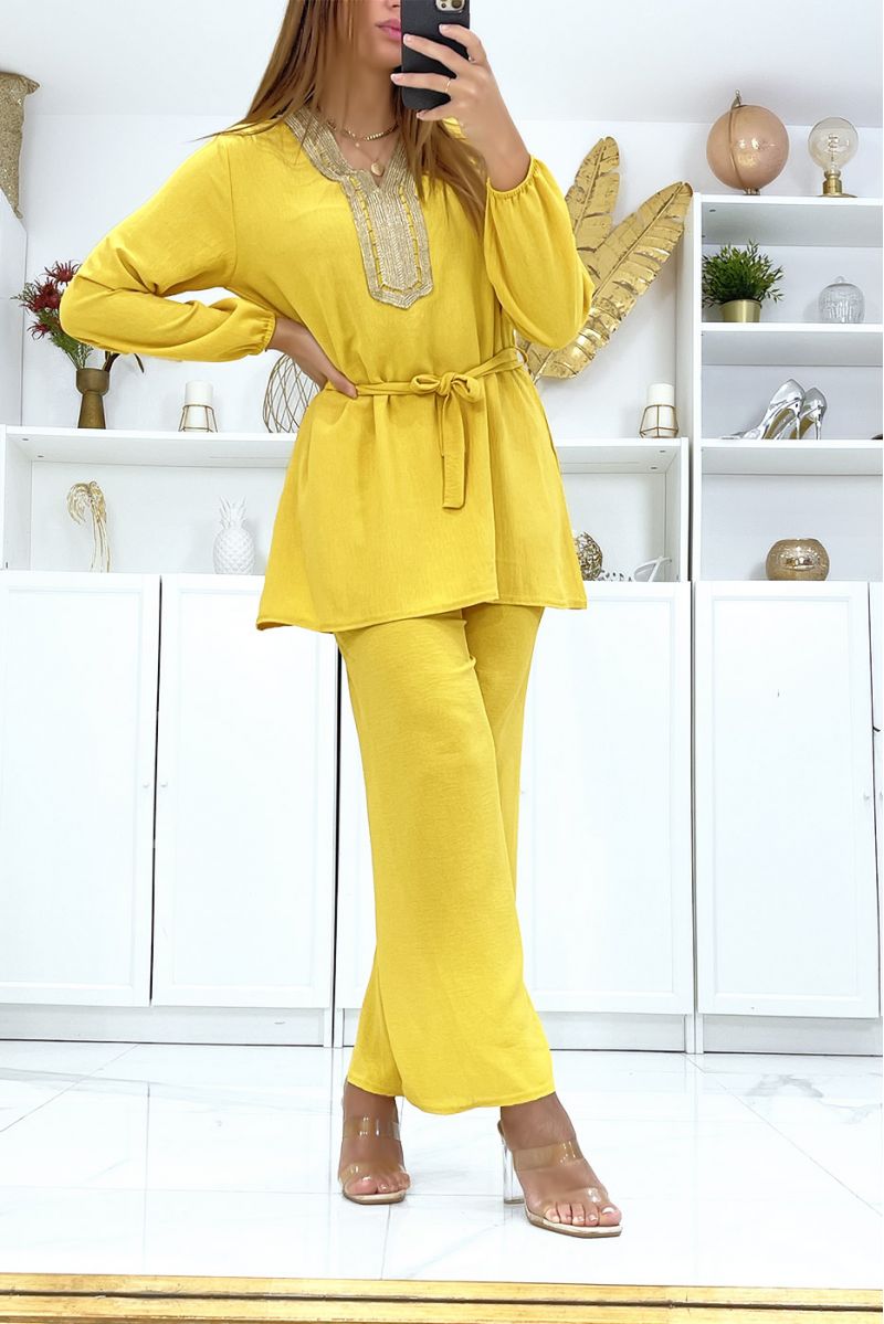 Mustard tunic and palazzo pants set with golden neckline - 3