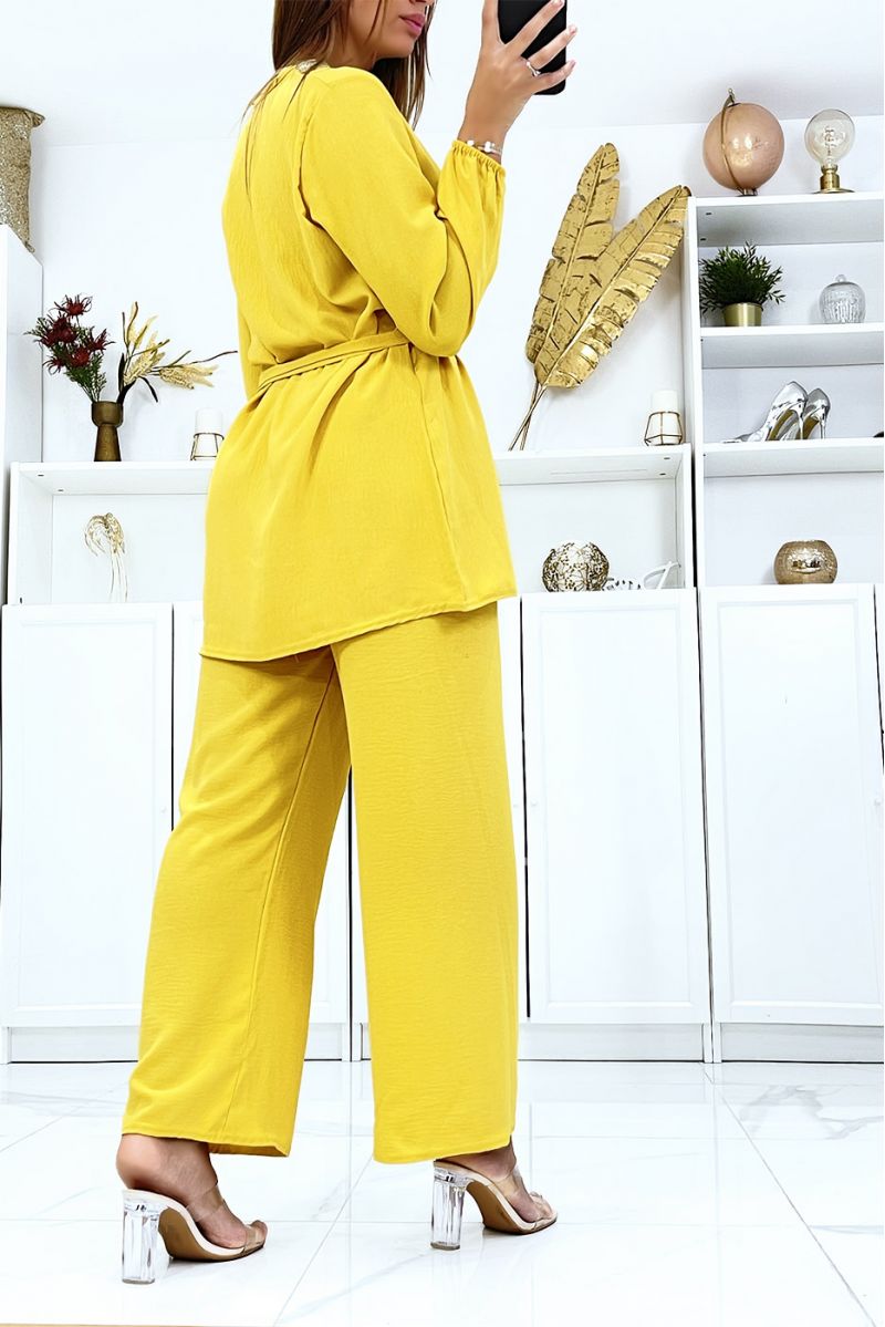 Mustard tunic and palazzo pants set with golden neckline - 4