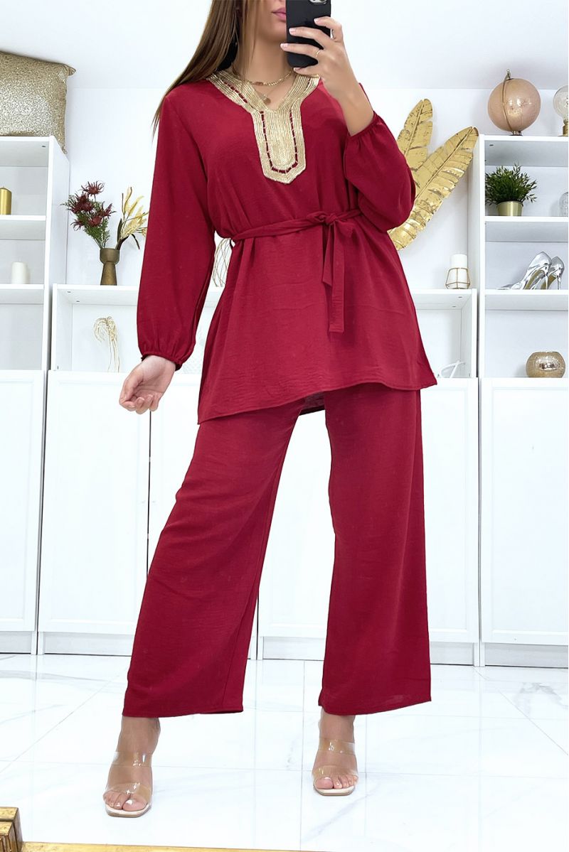 Burgundy tunic and palazzo pants set with golden neckline - 2