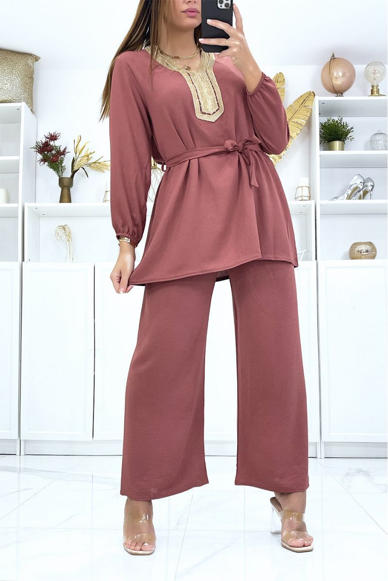 Cognac tunic and palazzo pants set with golden neckline - 1