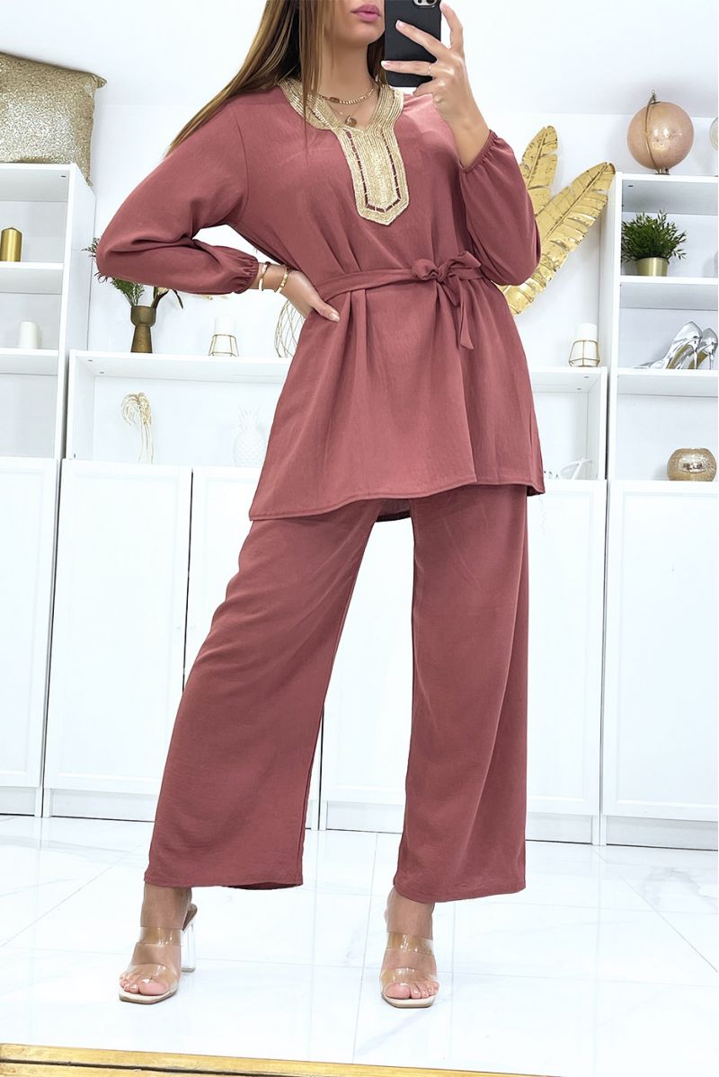 Cognac tunic and palazzo pants set with golden neckline - 2