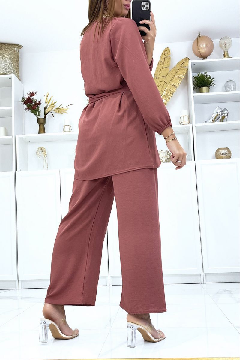 Cognac tunic and palazzo pants set with golden neckline - 4