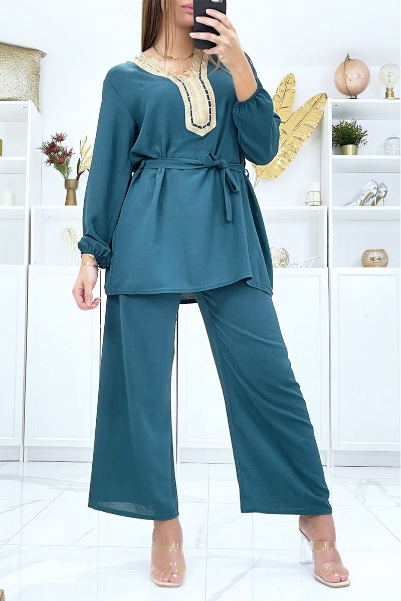 Dark green tunic and palazzo pants set with golden neckline - 1