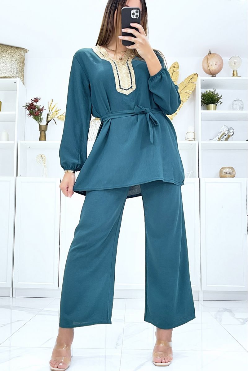 Dark green tunic and palazzo pants set with golden neckline - 3