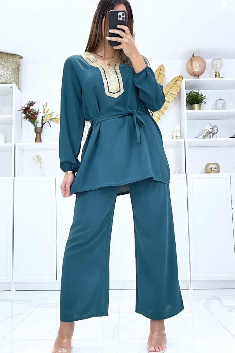 Dark green tunic and palazzo pants set with golden neckline - 4