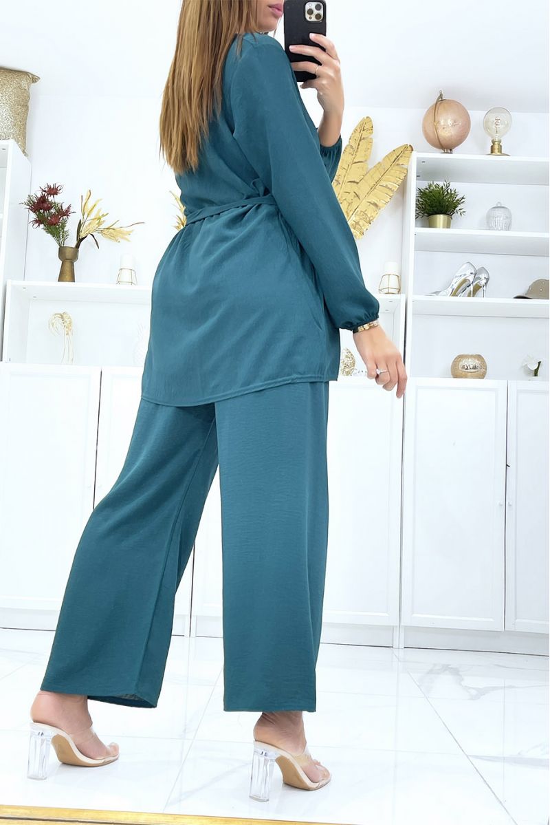 Dark green tunic and palazzo pants set with golden neckline - 5