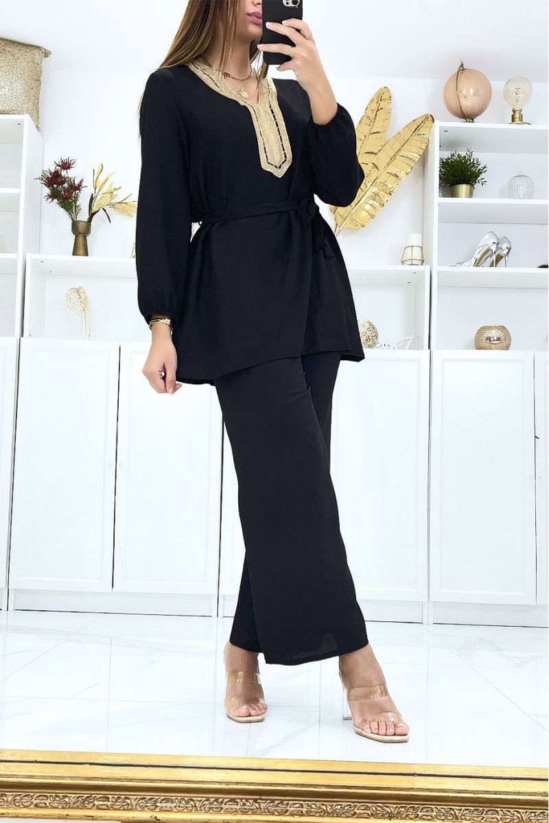 Black tunic and palazzo pants set with golden neckline - 2