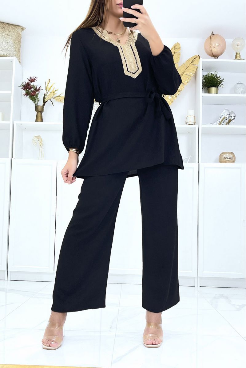 Ensemble noir tunique et pantalon palazzo à encolure doré - 3 Ensemble noir tunique et pantalon palazzo à encolure doré - 3