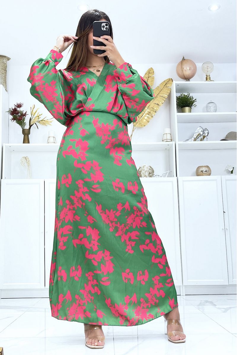 Robe longue verte satinée à col cache coeur évasé - 3