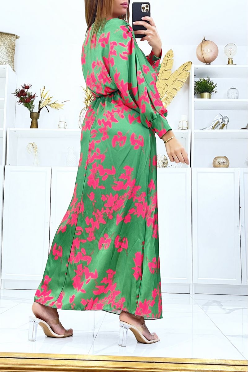 Robe longue verte satinée à col cache coeur évasé - 4