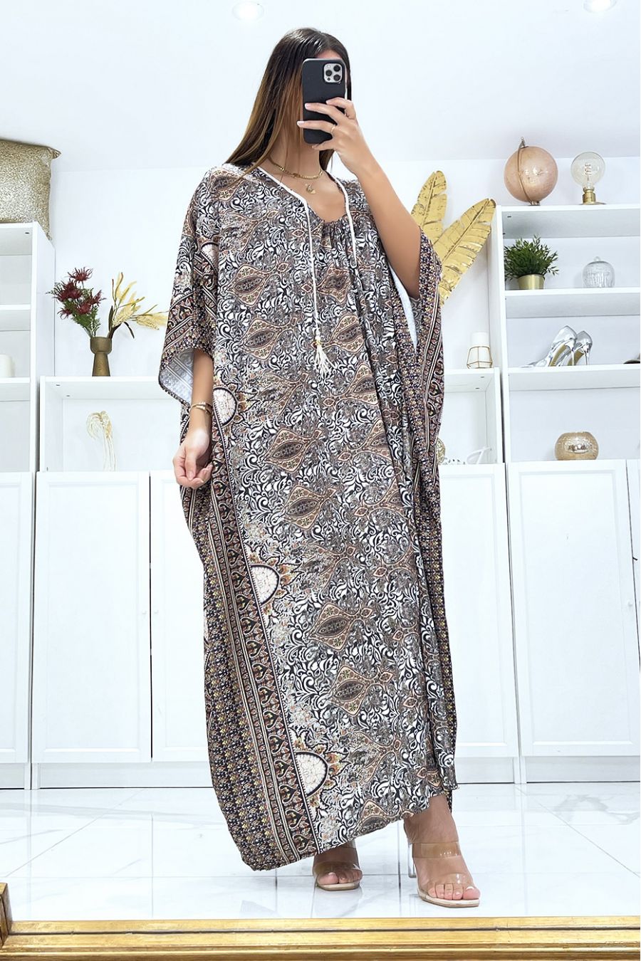 Black satin beach kaftan with neck cord - 1