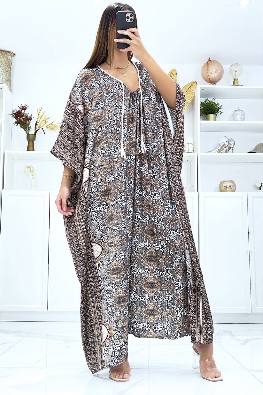 Black satin beach kaftan with neck cord - 3