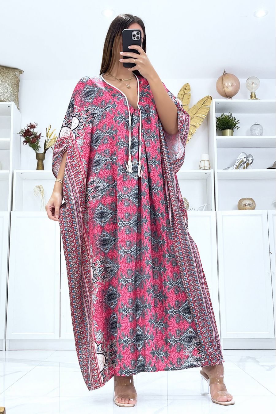 Satijnen fuchsia strandkaftan met nekkoord - 1