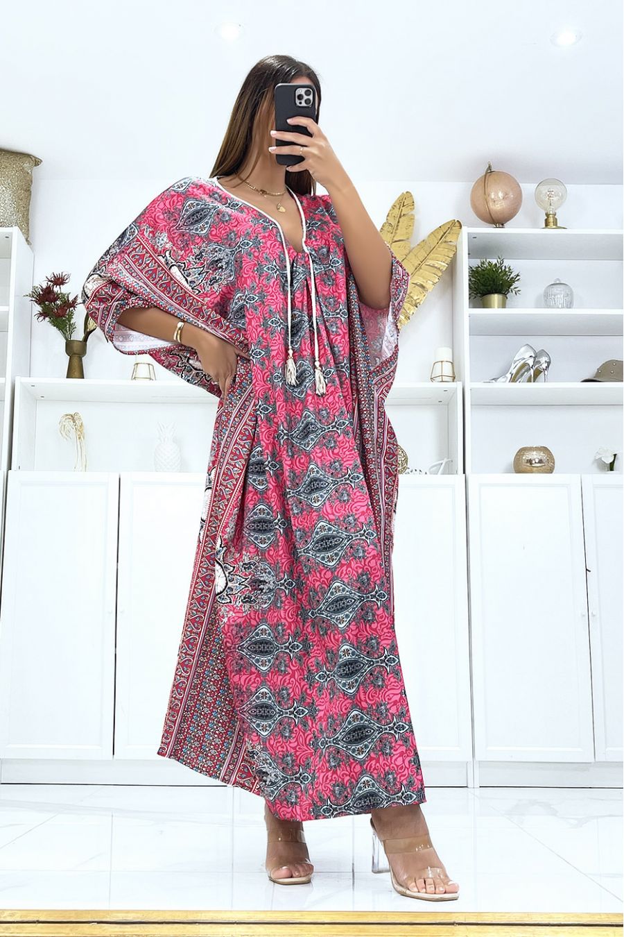 Caftan de plage fuchsia satiné avec cordon au cou - 2