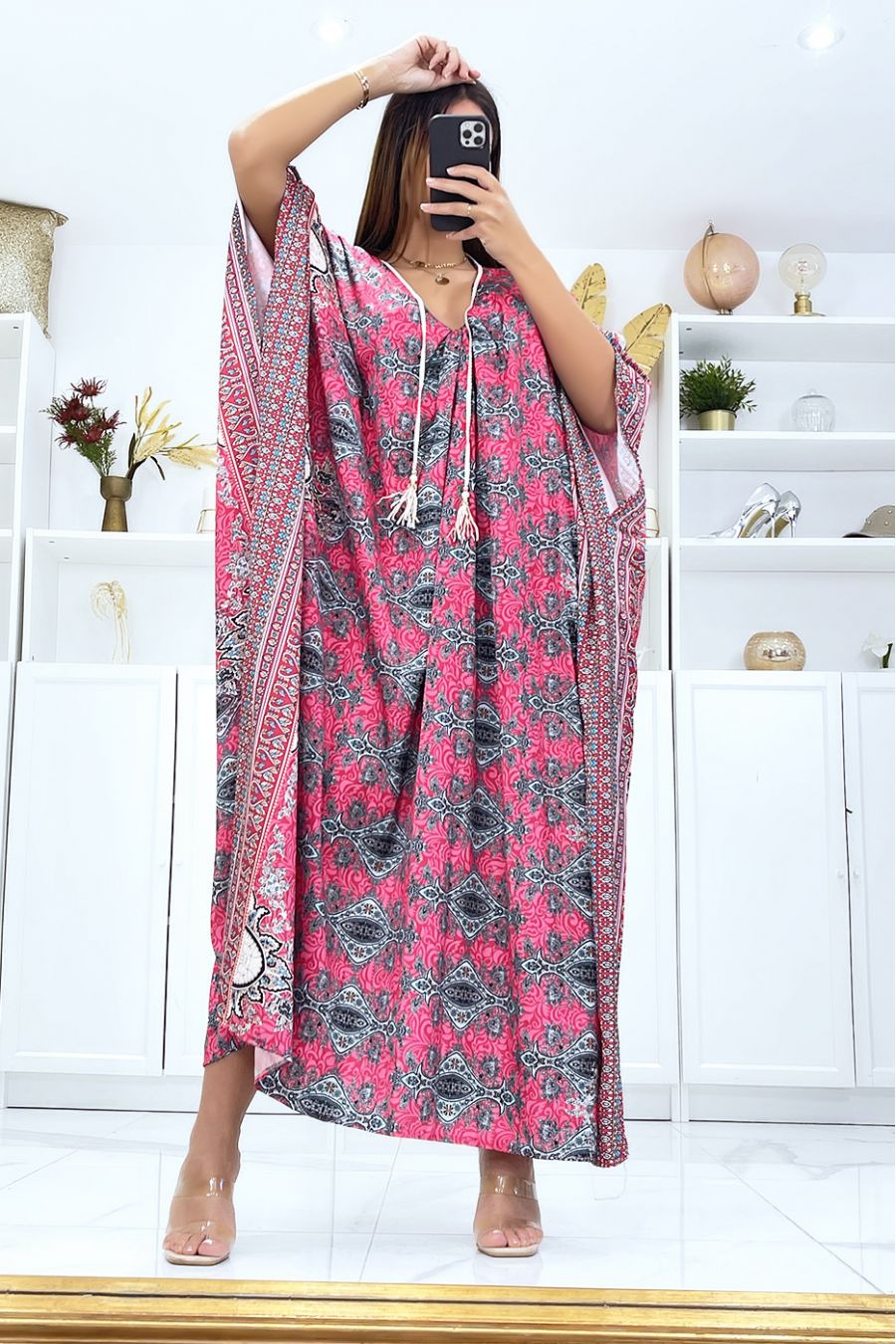 Caftan de plage fuchsia satiné avec cordon au cou - 3