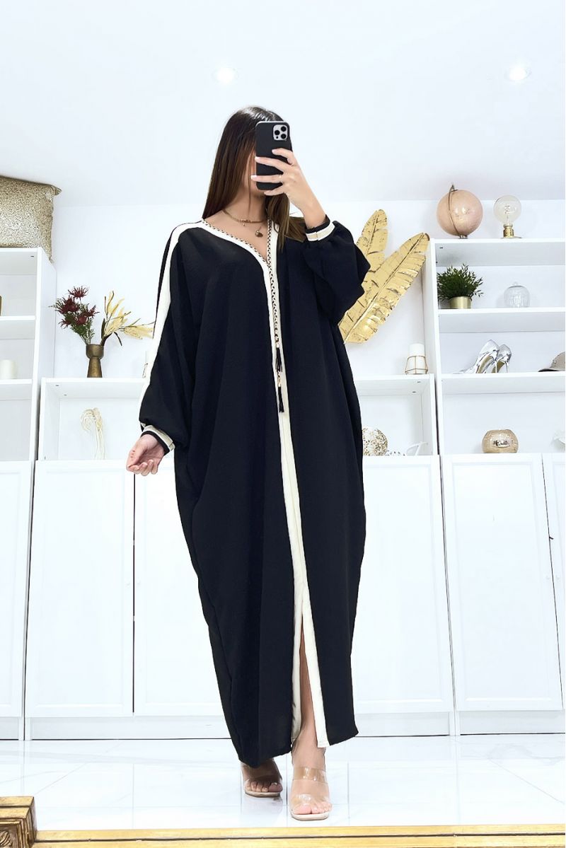 Black abaya with beige trim and gold cord at the collar - 3