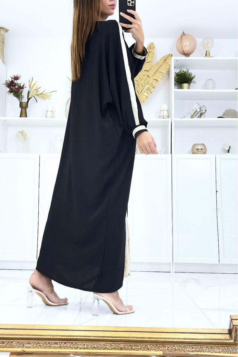 Black abaya with beige trim and gold cord at the collar - 4
