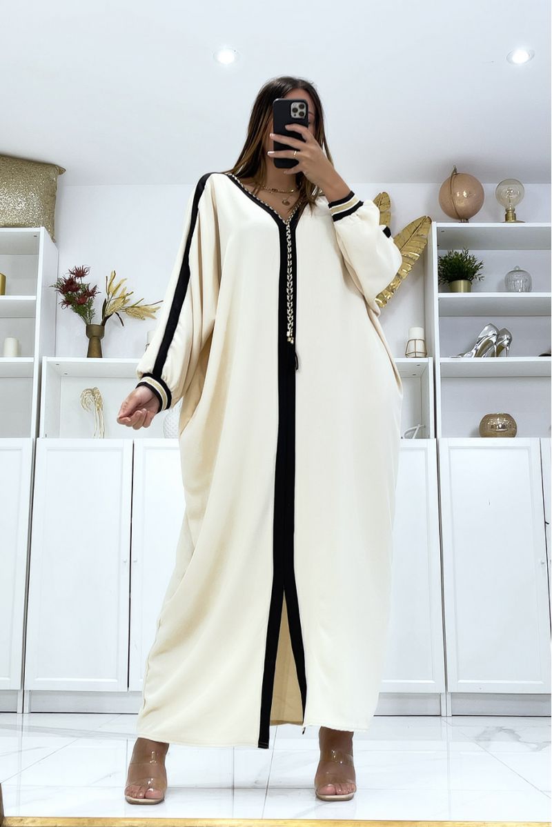 Beige abaya with black edging and gold cord at the collar - 2