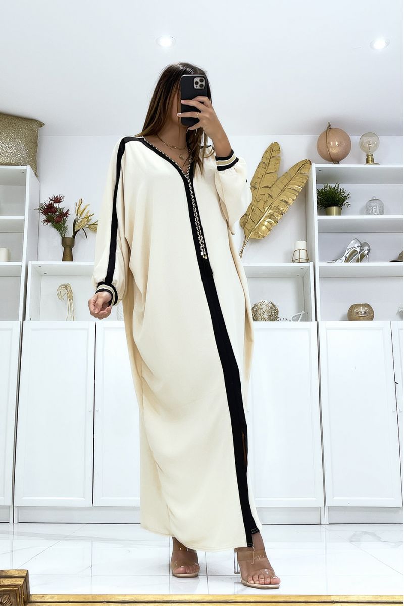 Beige abaya with black edging and gold cord at the collar - 3