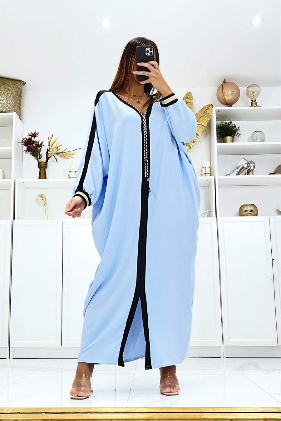 Turquoise abaya with black piping and gold cord at the collar. - 3