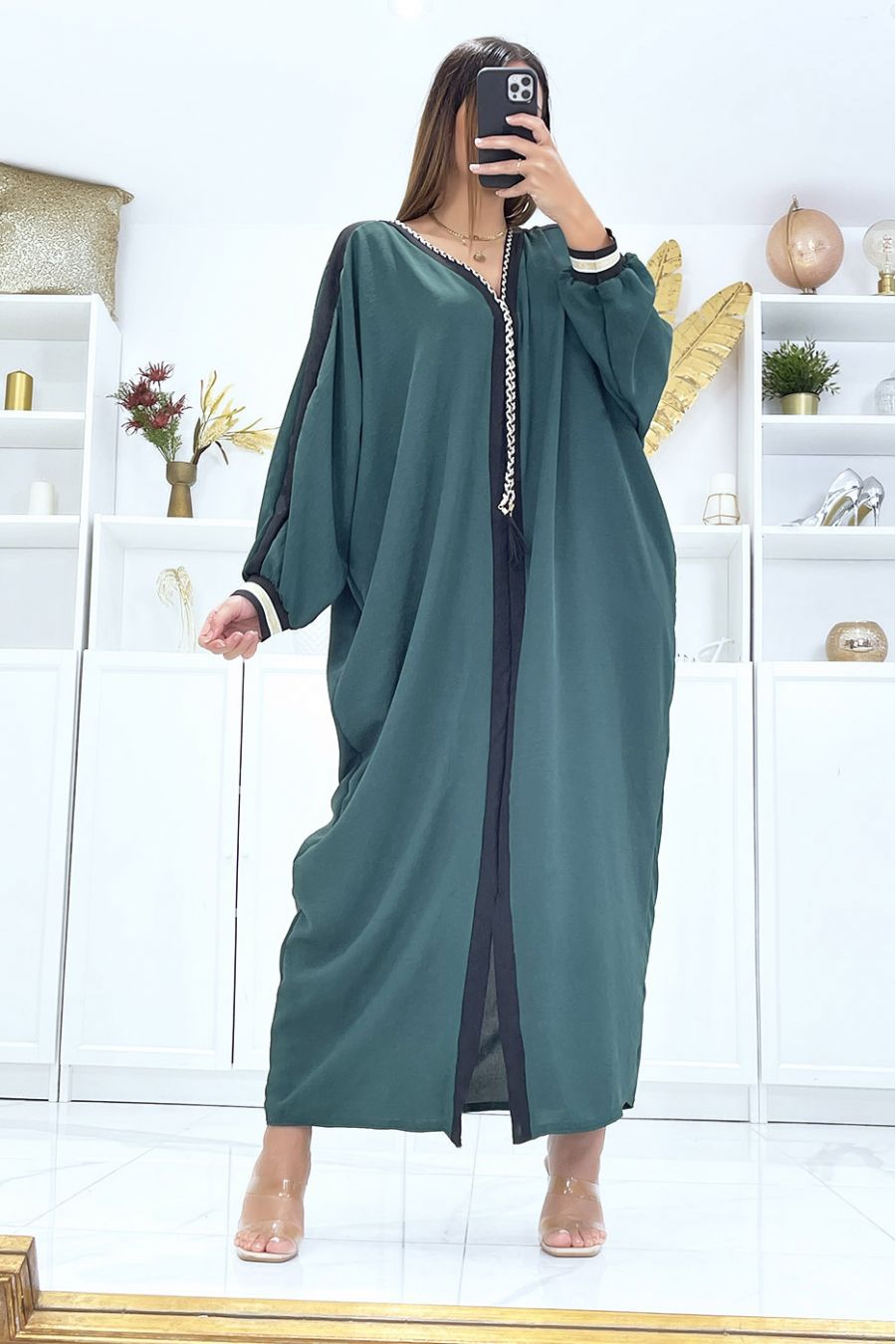 Khaki abaya with black piping and gold cord at the collar - 2