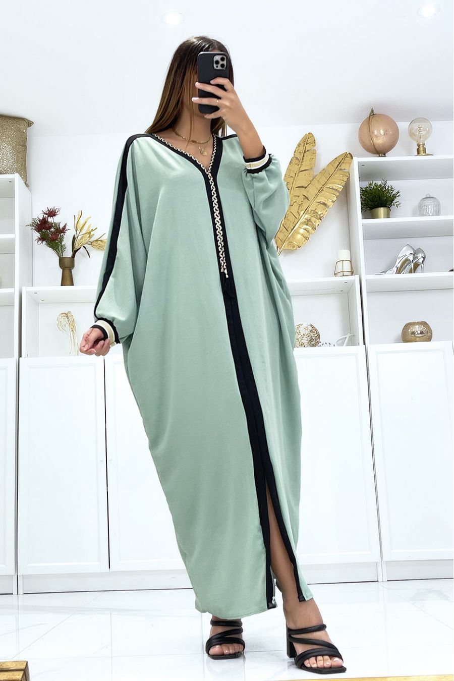 Water green abaya with black edging and gold cord at the collar - 2