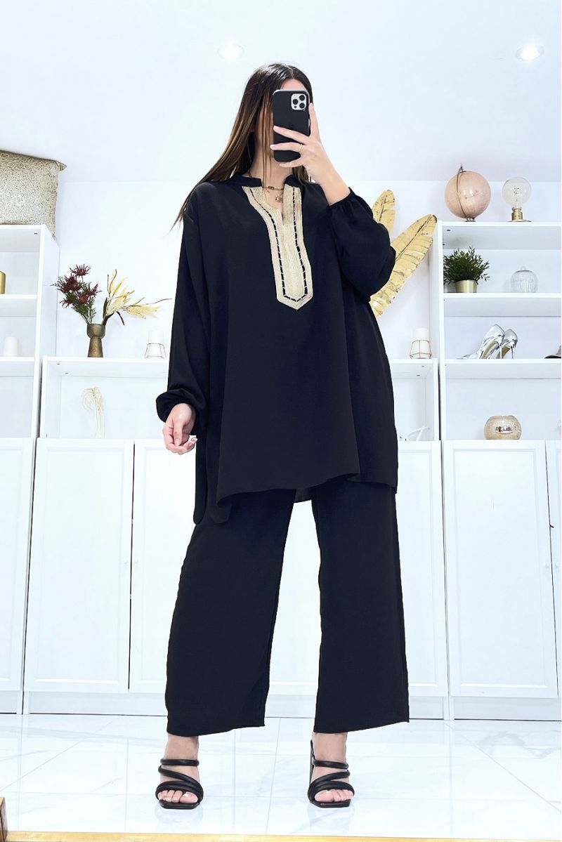 Black tunic and palazzo pants set with gold embroidered collar - 1