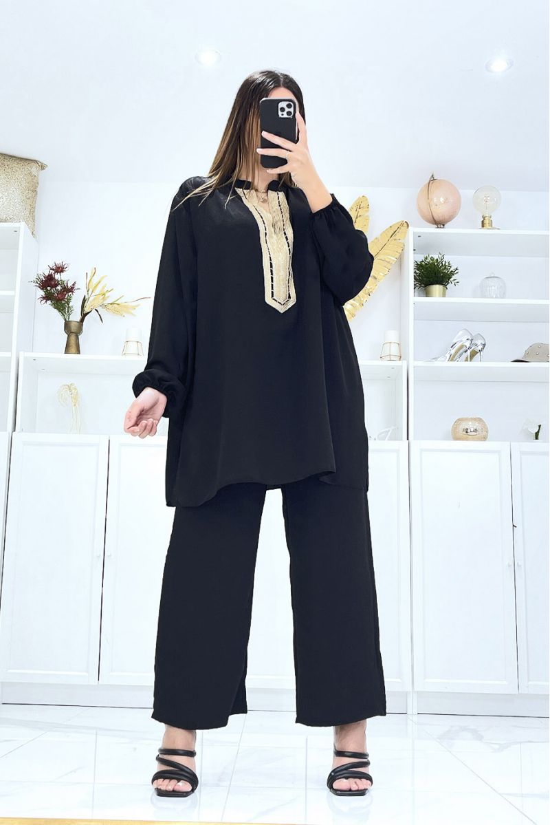 Black tunic and palazzo pants set with gold embroidered collar - 2