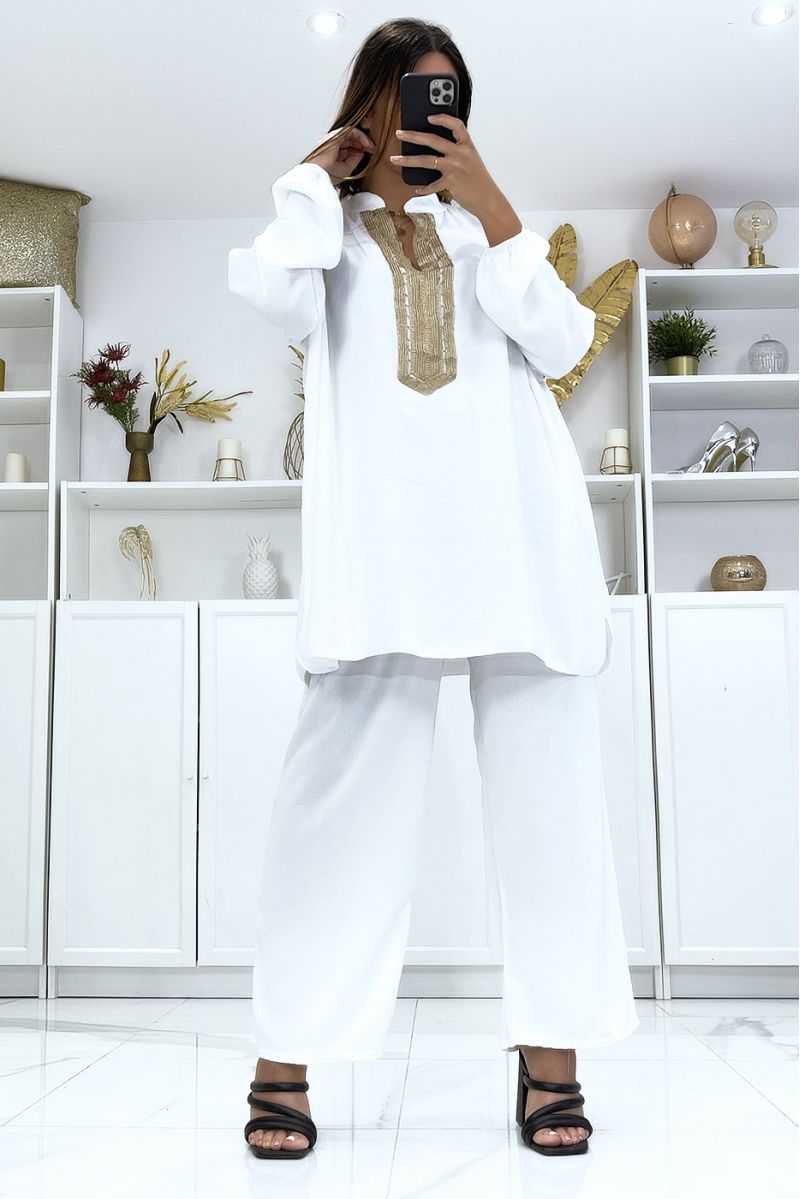 White tunic and palazzo pants set with gold embroidered collar - 2