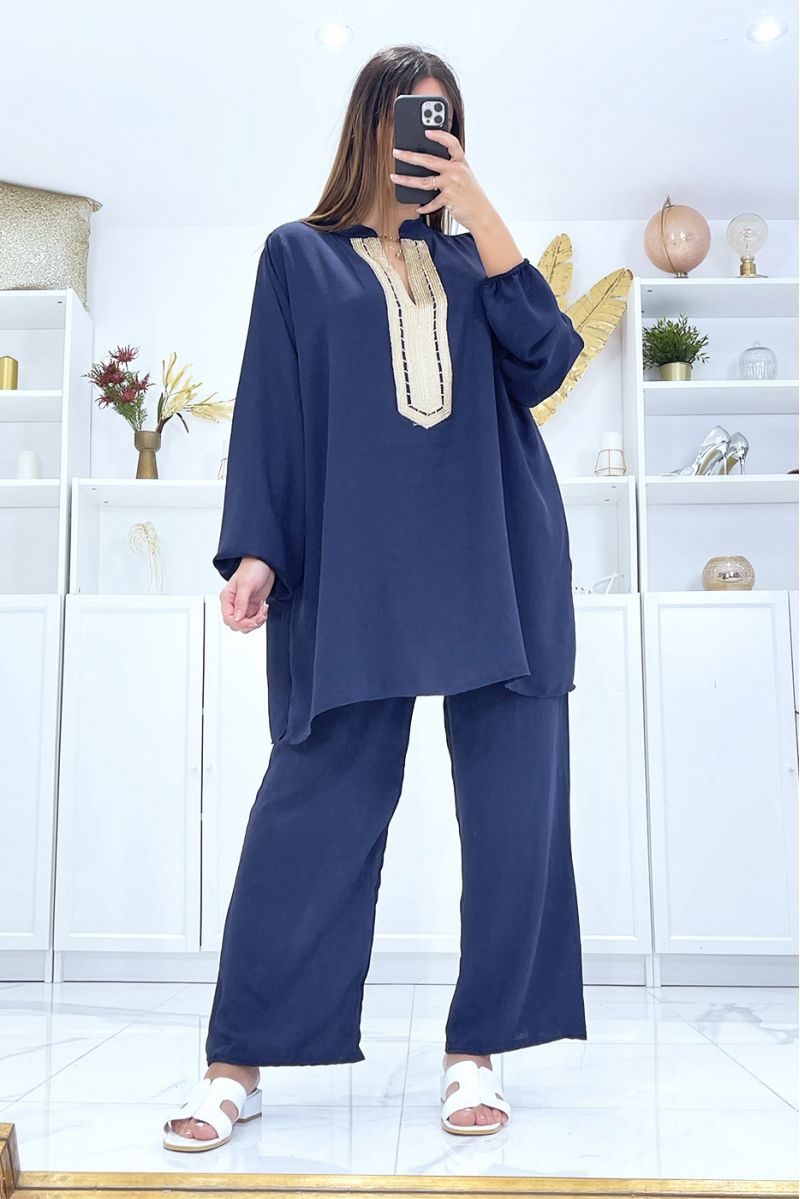 Navy tunic and palazzo pants set with embroidered collar in gold - 4