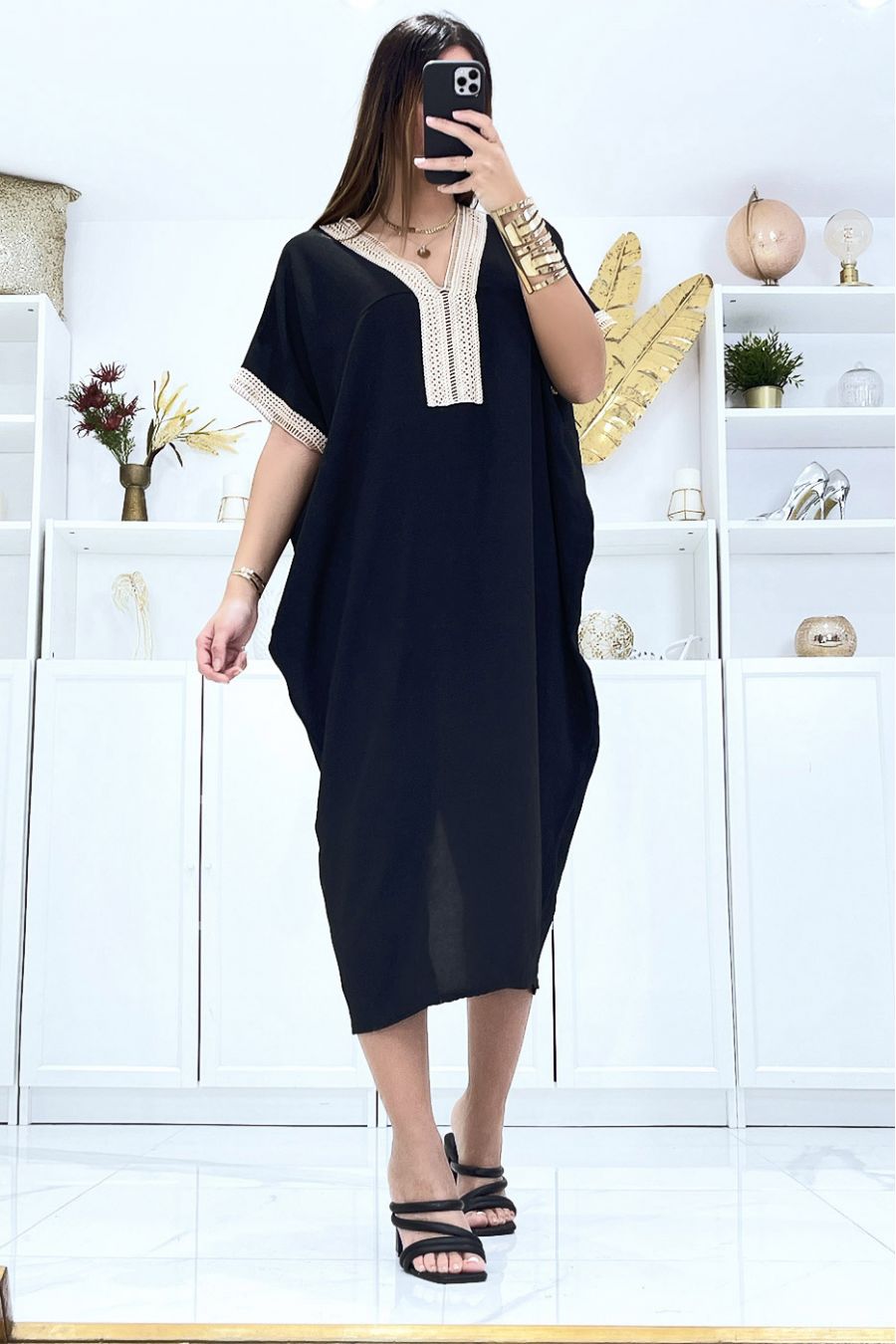 Black dress with short sleeves and embroidery on the sleeves and collar - 4