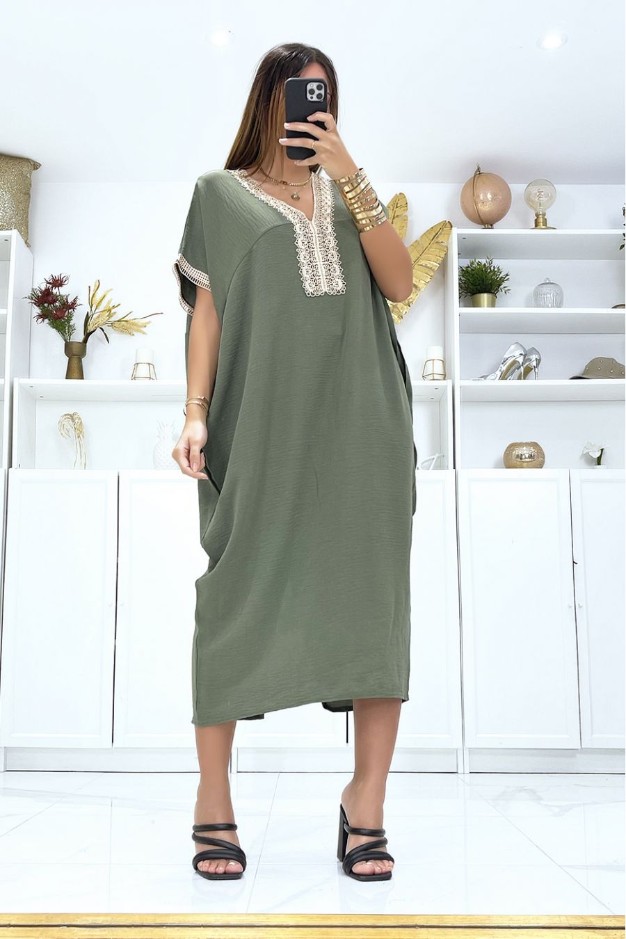 KhKKi dress with short sleeves and embroidery on the sleeves and collar - 1