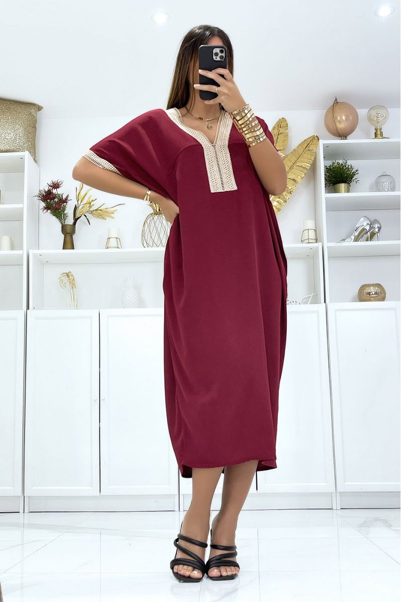 Burgundy dress with short sleeves and embroidery on the sleeves and collar - 1