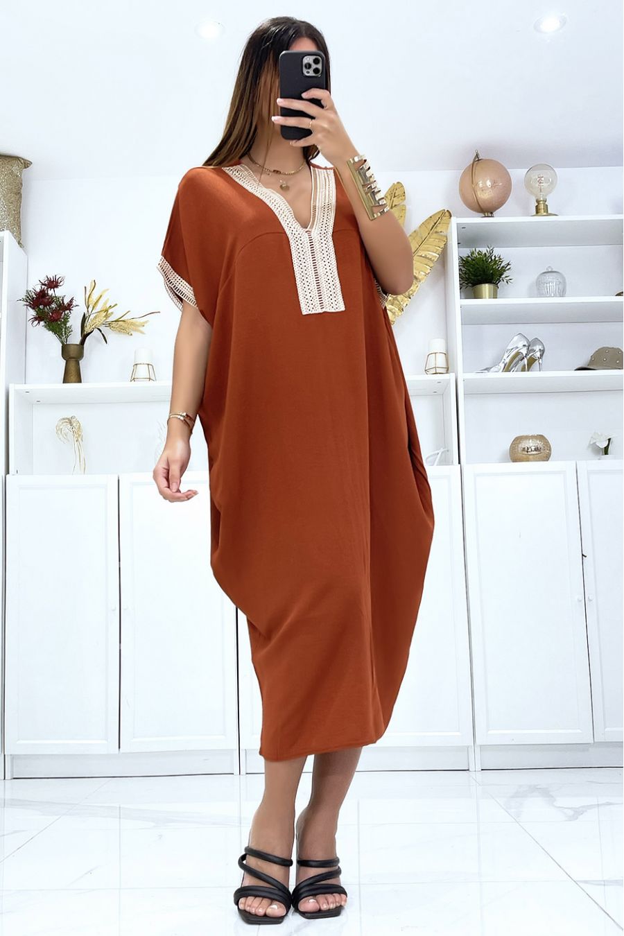 Cognac dress with short sleeves and embroidery on the sleeves and collar - 1