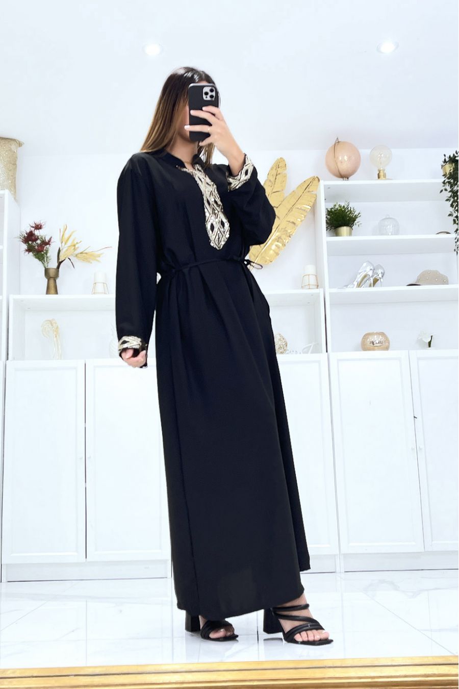 Black dress with long sleeves and sequins on the sleeves and collar - 4