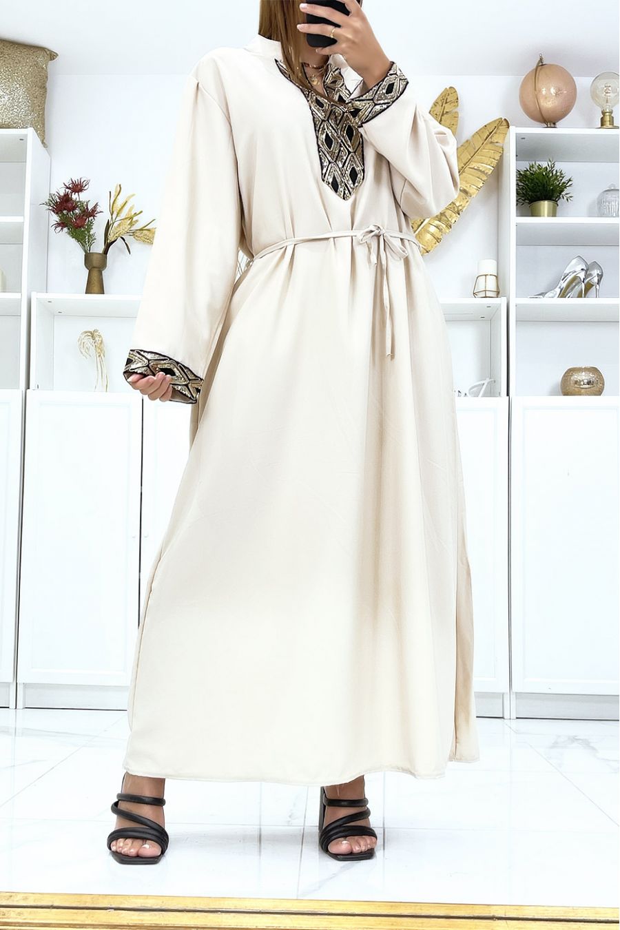 Beige dress with long sleeves and sequin on the sleeves and collar - 1