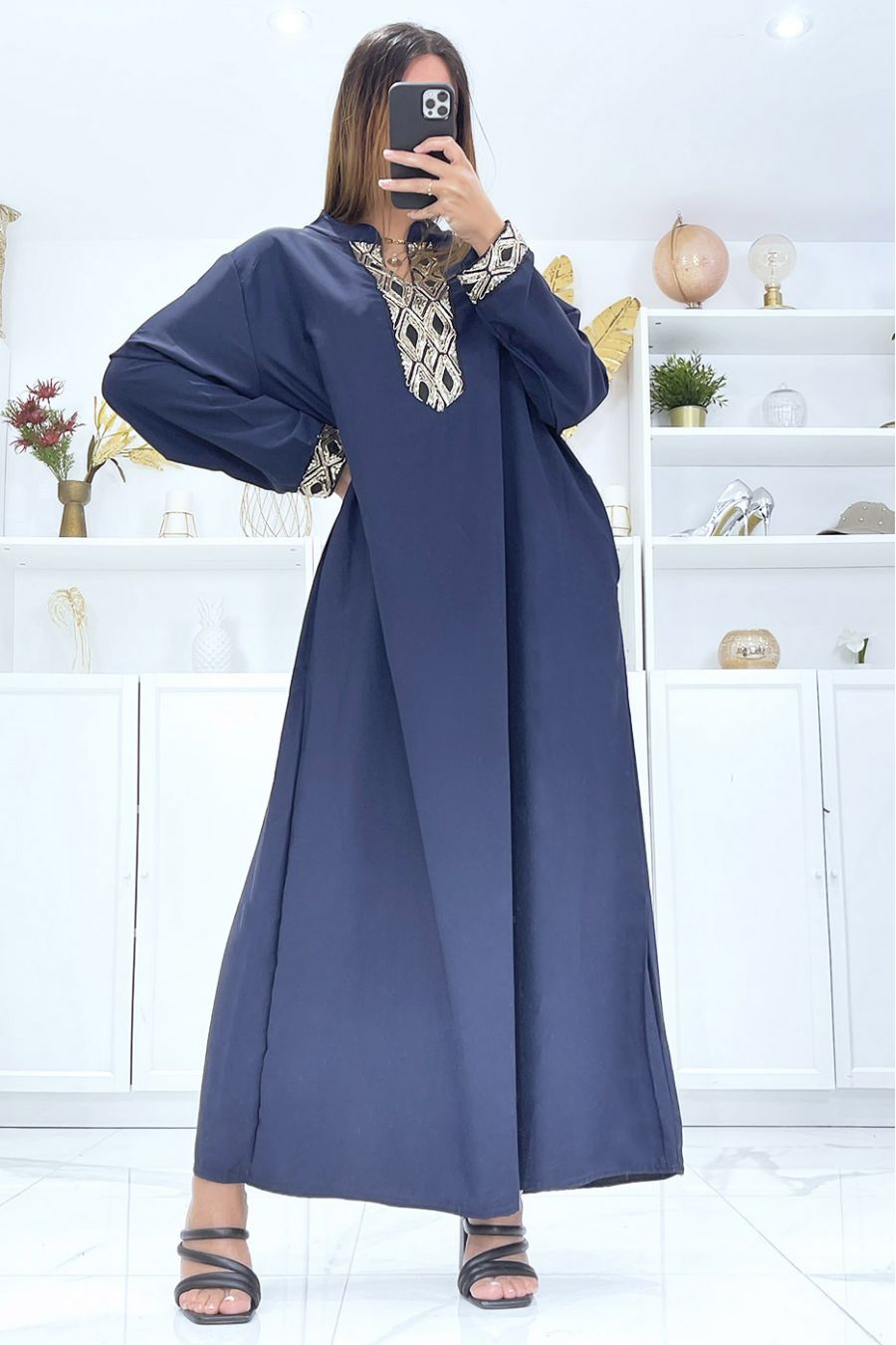 Navy dress with long sleeves and sequins on the sleeves and collar - 2