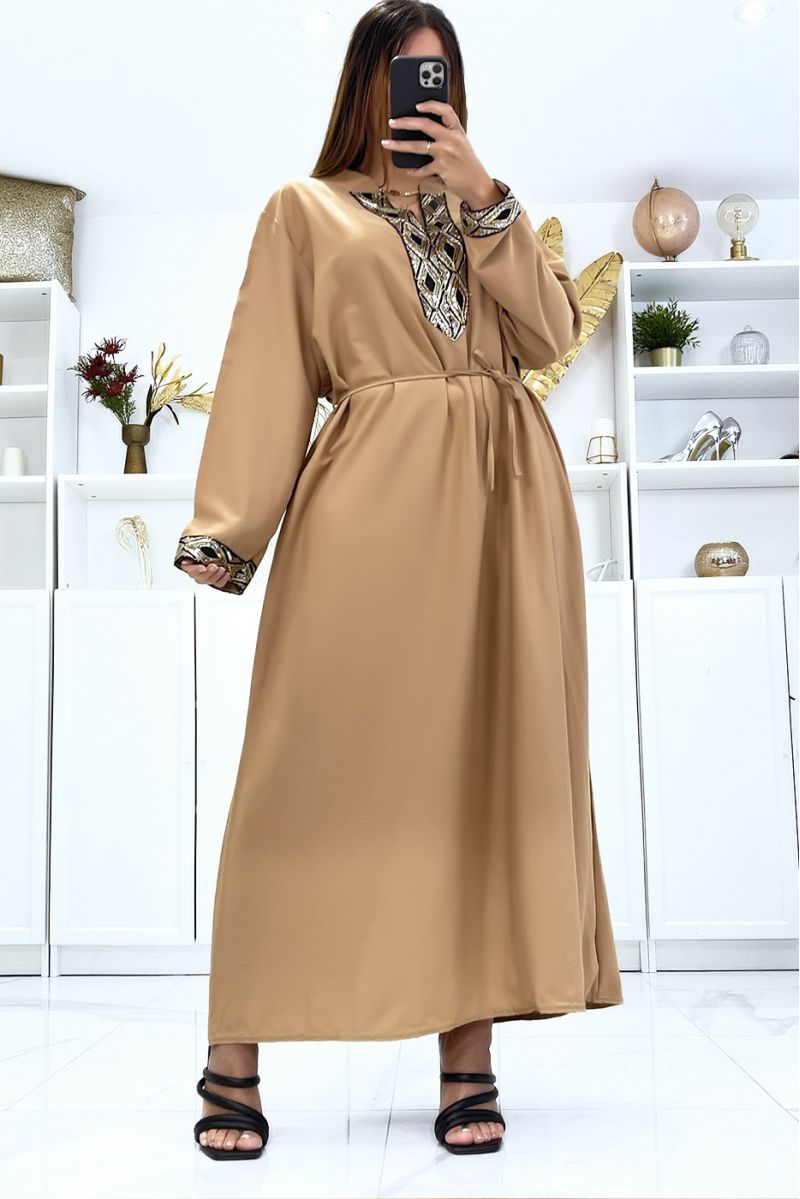 Camel dress with long sleeves and sequins on the sleeves and collar - 1