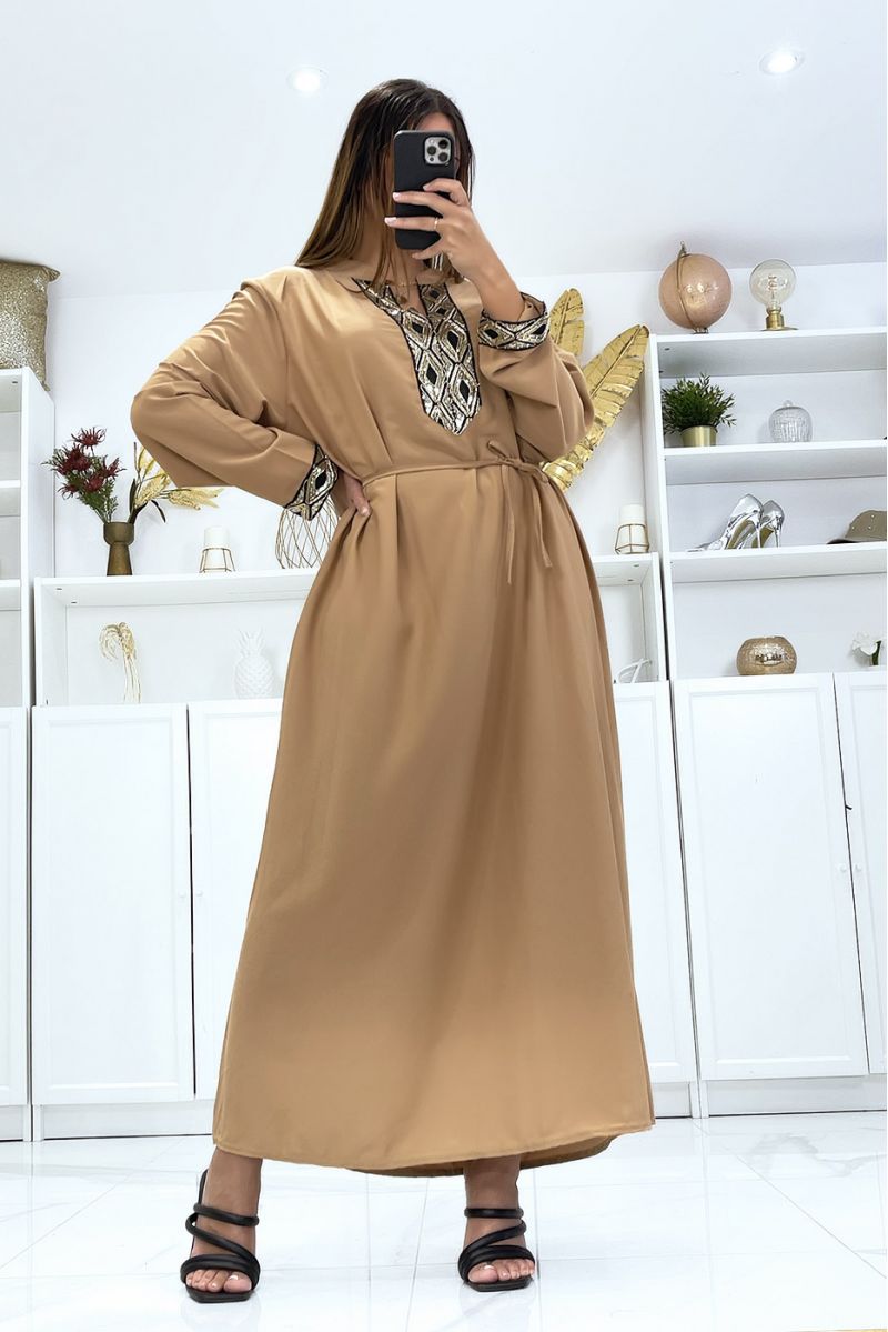 Camel dress with long sleeves and sequins on the sleeves and collar - 3