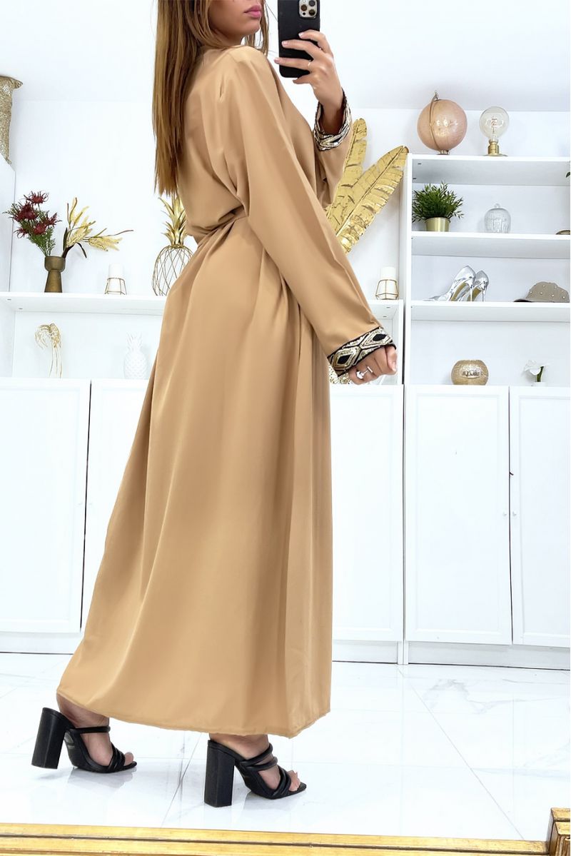 Camel dress with long sleeves and sequins on the sleeves and collar - 4