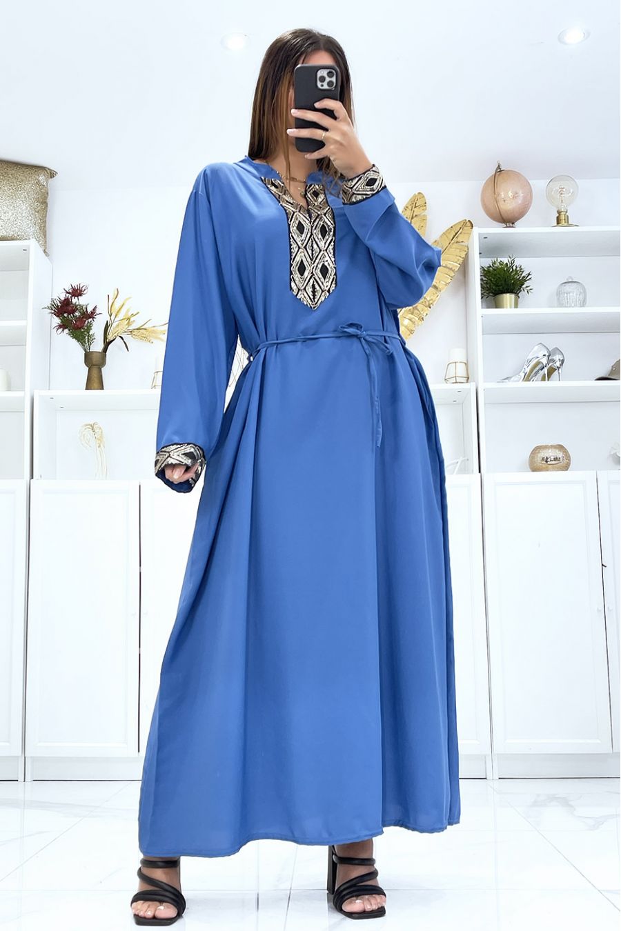 Robe indigo à manches longues et sequin aux manches et au col - 1