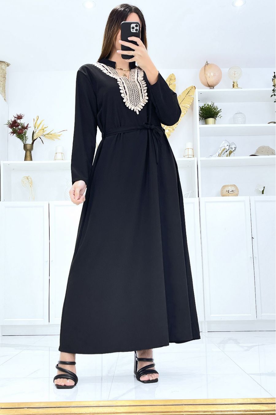Long black dress with long sleeves and embroidery on the collar - 1