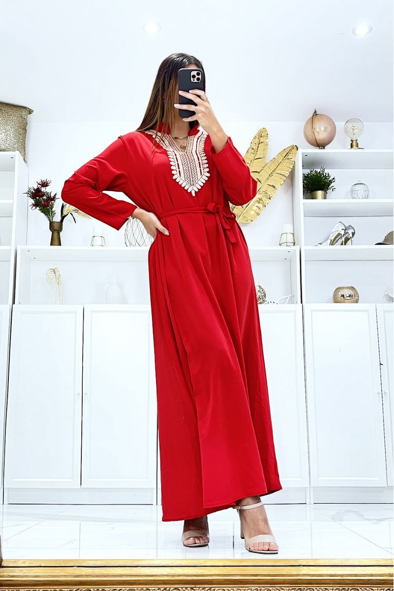 Long red dress with long sleeves and embroidery on the collar - 2