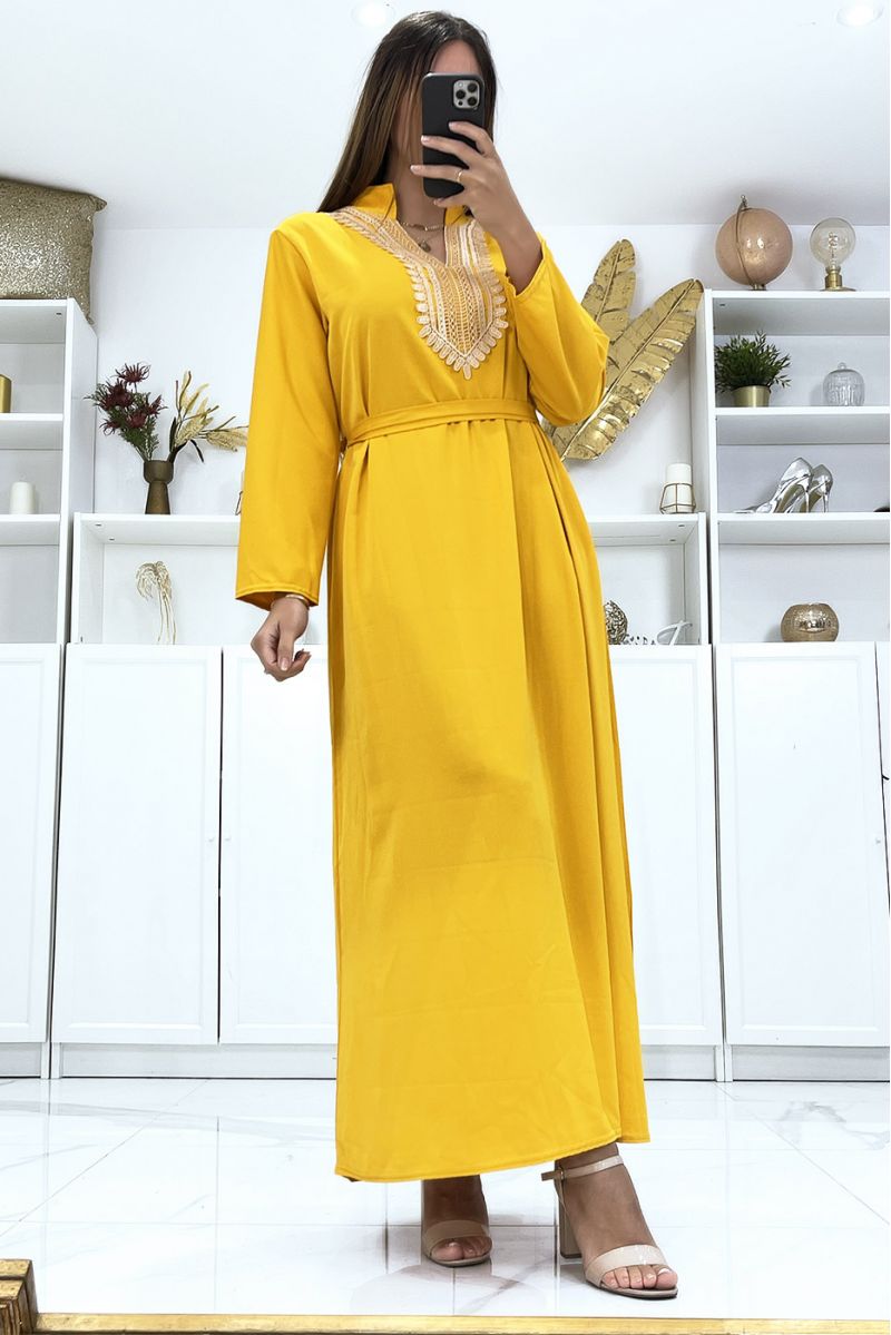 Long mustard dress with long sleeves and embroidery on the collar - 1