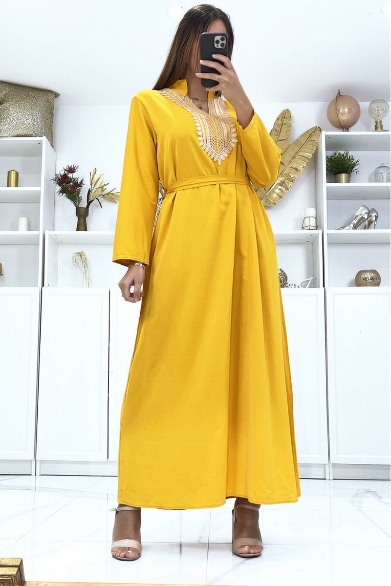 Long mustard dress with long sleeves and embroidery on the collar - 2